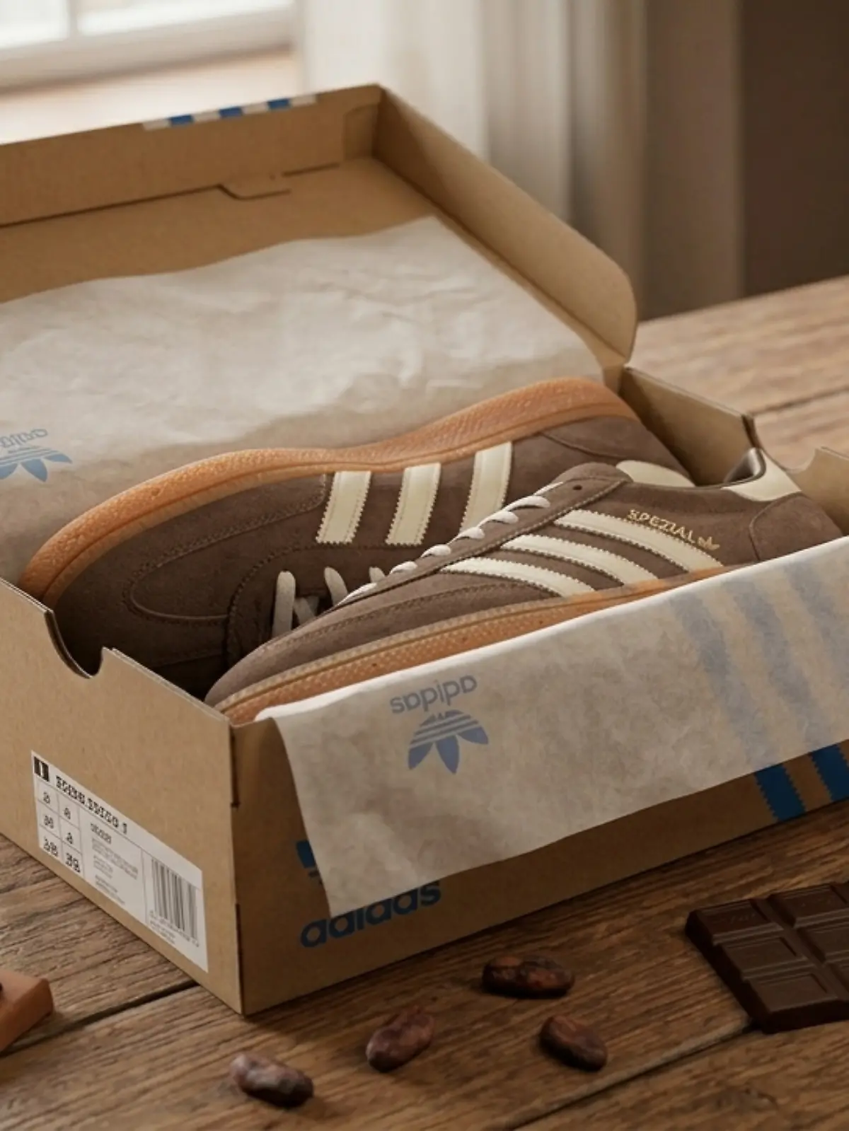 Adidas Handball Spezial Sneaker liegen in einem Schuhkarton auf einem Tisch zusammen mit Schokolade, Kakao und Kakaobohnen.
