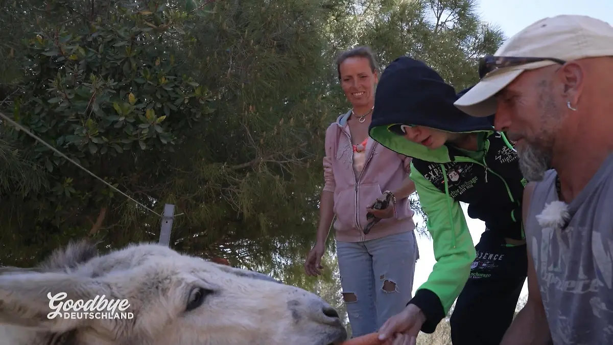 Goodbye Deutschland: Junge im Hoodie streichelt einen Esel, daneben steht eine Frau und ein Mann