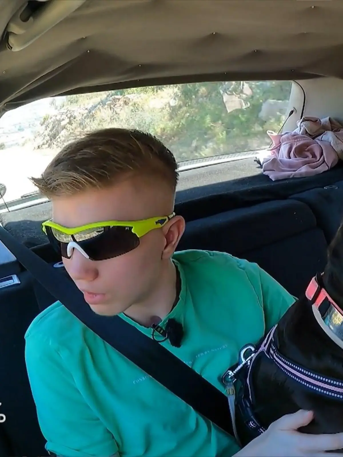 Goodbye Deutschland: Junge mit Sonnenbrille und schwarzem Hund auf dem Schoß auf der Rückbank eines Autos