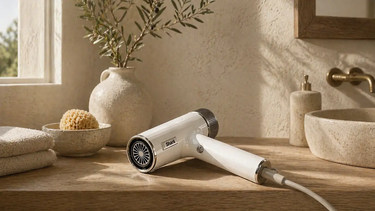 Shark Speedstyle Föhn in einem Badezimmer.