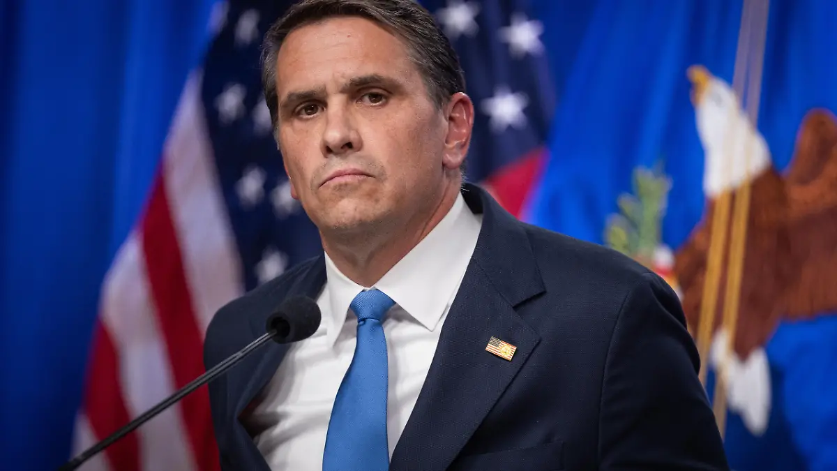 WASHINGTON, DC - APRIL 21: Acting Attorney General Todd Blanche is seen at a press conference with FBI Director Kash Patel following the indictment of the Southern Poverty Law Center for money laundering, at the Department of Justice in Washington, DC on April 21, 2026. Nathan Posner / Anadolu