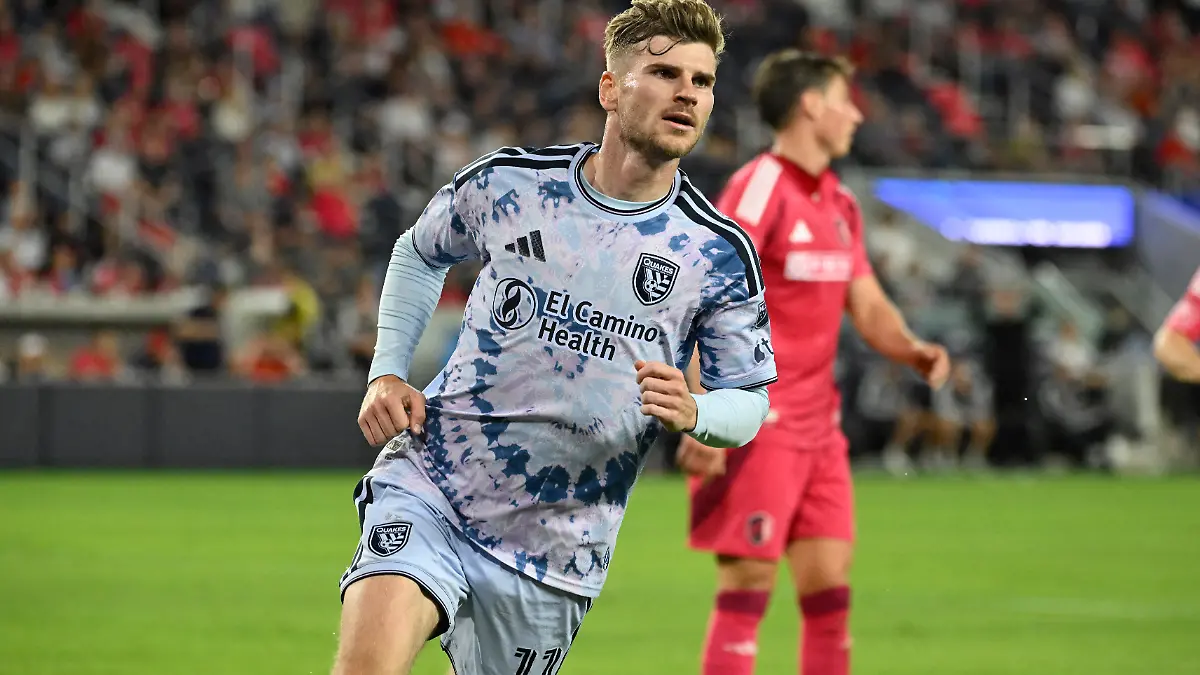 Apr 25, 2026; St. Louis, Missouri, USA; San Jose Earthquakes forward Timo Werner (11) celebrates after scoring against St. Louis CITY SC in the second half at Energizer Park. Mandatory Credit: Joe Puetz-Imagn Images