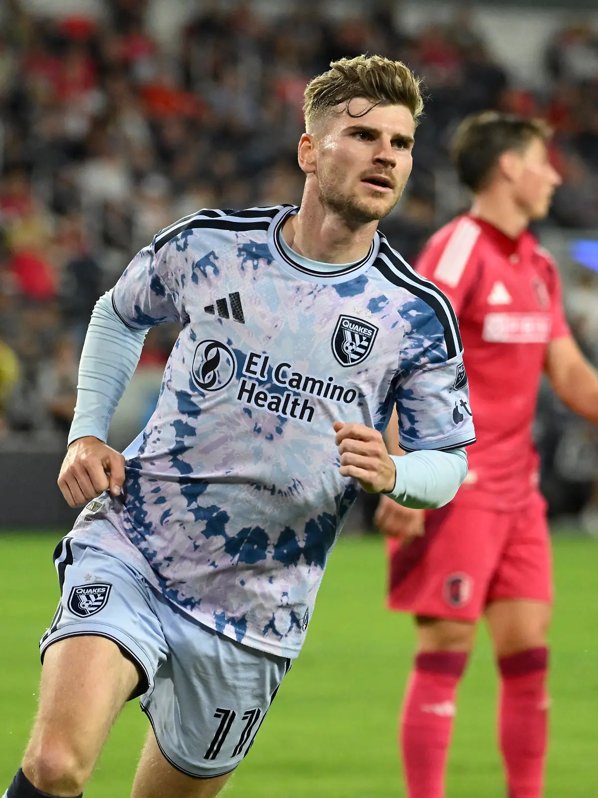 Apr 25, 2026; St. Louis, Missouri, USA; San Jose Earthquakes forward Timo Werner (11) celebrates after scoring against St. Louis CITY SC in the second half at Energizer Park. Mandatory Credit: Joe Puetz-Imagn Images