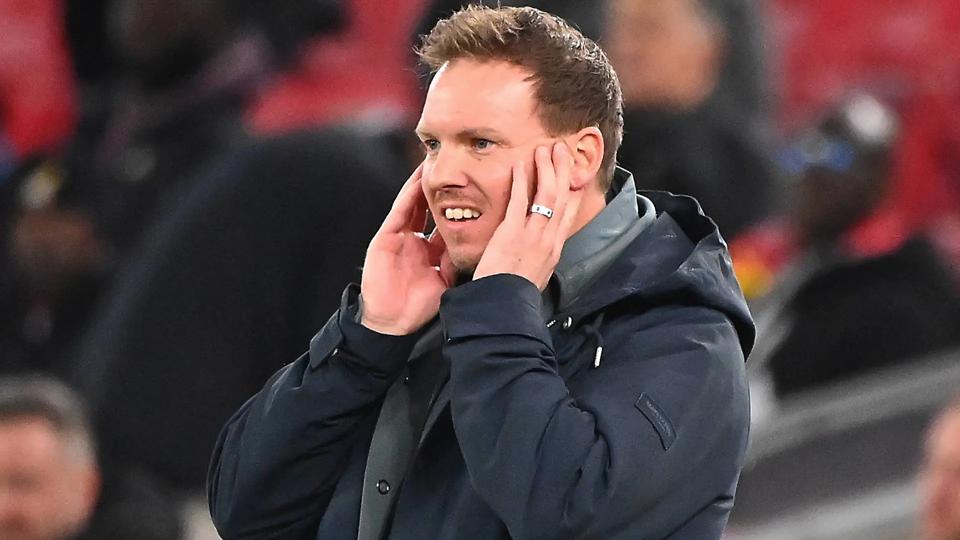 Bundestrainer Julian NAGELSMANN GER, skeptisch,verwundert, Einzelbild,angeschnittenes Einzelmotiv,Halbfigur,halbe Figur. Fussball Laenderspiel Deutschland - Ghana 2-1 am 30.03.2026 MHP ARENA *** national coach Julian NAGELSMANN GER , skeptical,astonished, single picture,cropped single motif,half figure,half figure soccer international Germany Ghana 2 1 on 30 03 2026 MHP ARENA