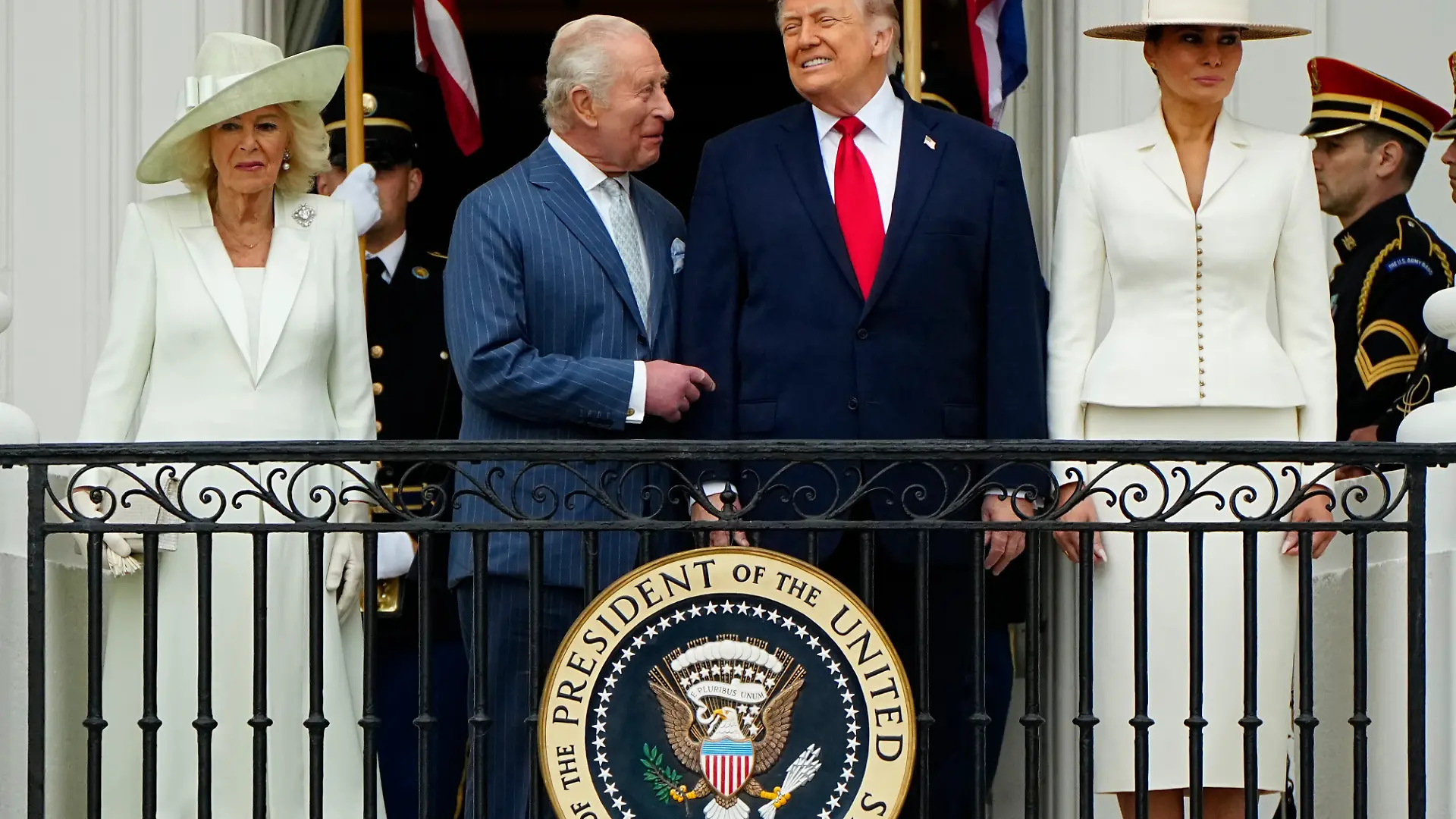 President Donald Trump and First Lady Melania Trump, Britain's King Charles III and Queen Camilla talk during an official welcoming ceremony at the White House in Washington DC on Tuesday, April 28, 2026. The king is on a four-day state visit to the U.S. and will stop in New York and Washington, where he will meet with U.S. officials and deliver an address to Congress. Photo by Bonnie Cash/UPI. Photo via Newscom picture alliance