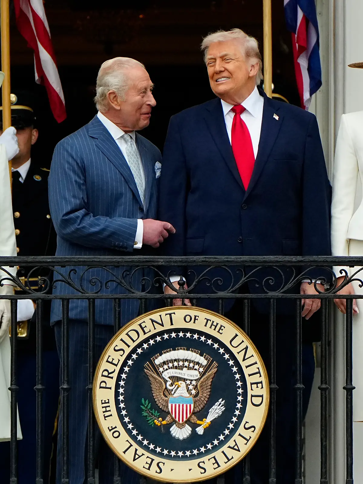 President Donald Trump and First Lady Melania Trump, Britain's King Charles III and Queen Camilla talk during an official welcoming ceremony at the White House in Washington DC on Tuesday, April 28, 2026. The king is on a four-day state visit to the U.S. and will stop in New York and Washington, where he will meet with U.S. officials and deliver an address to Congress. Photo by Bonnie Cash/UPI. Photo via Newscom picture alliance