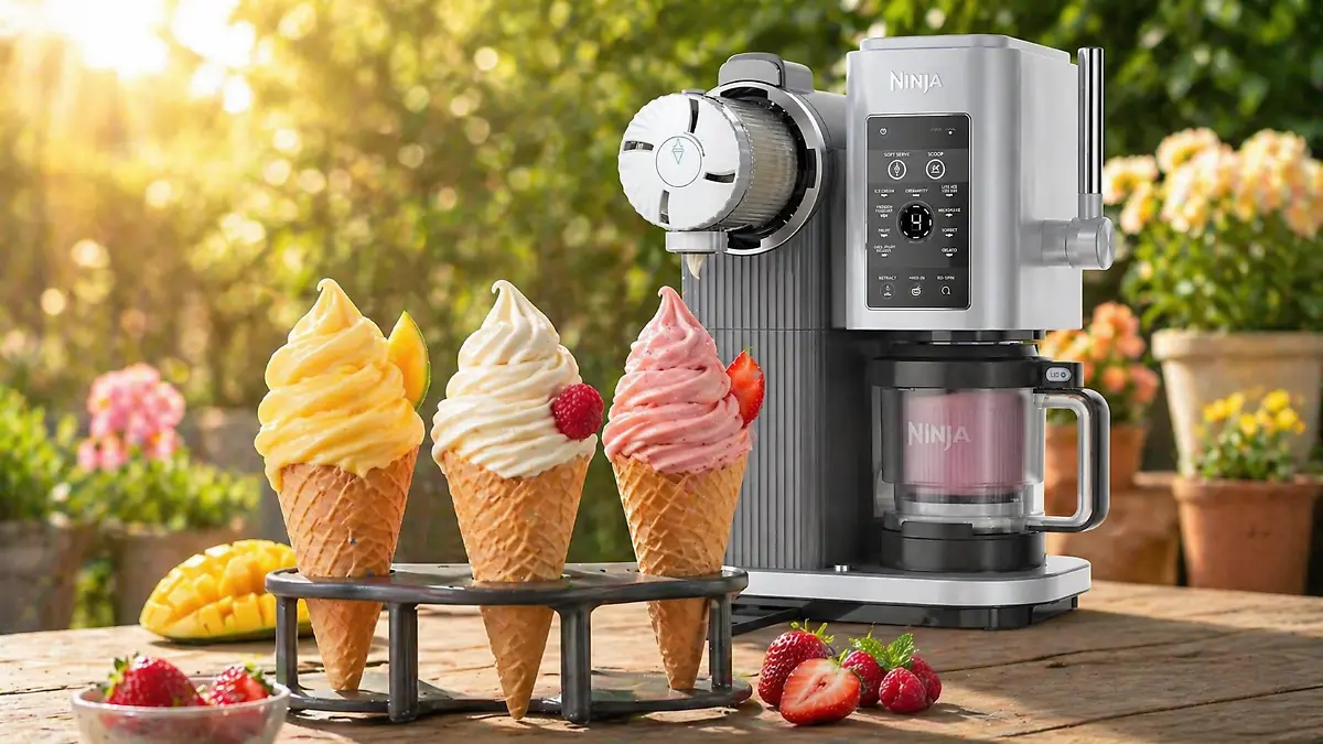 Eismaschine Ninja Creami mit drei Softeis in Waffeln, Früchten daneben auf einem Tisch und einem sommerlichen Garten im Hintergrund.