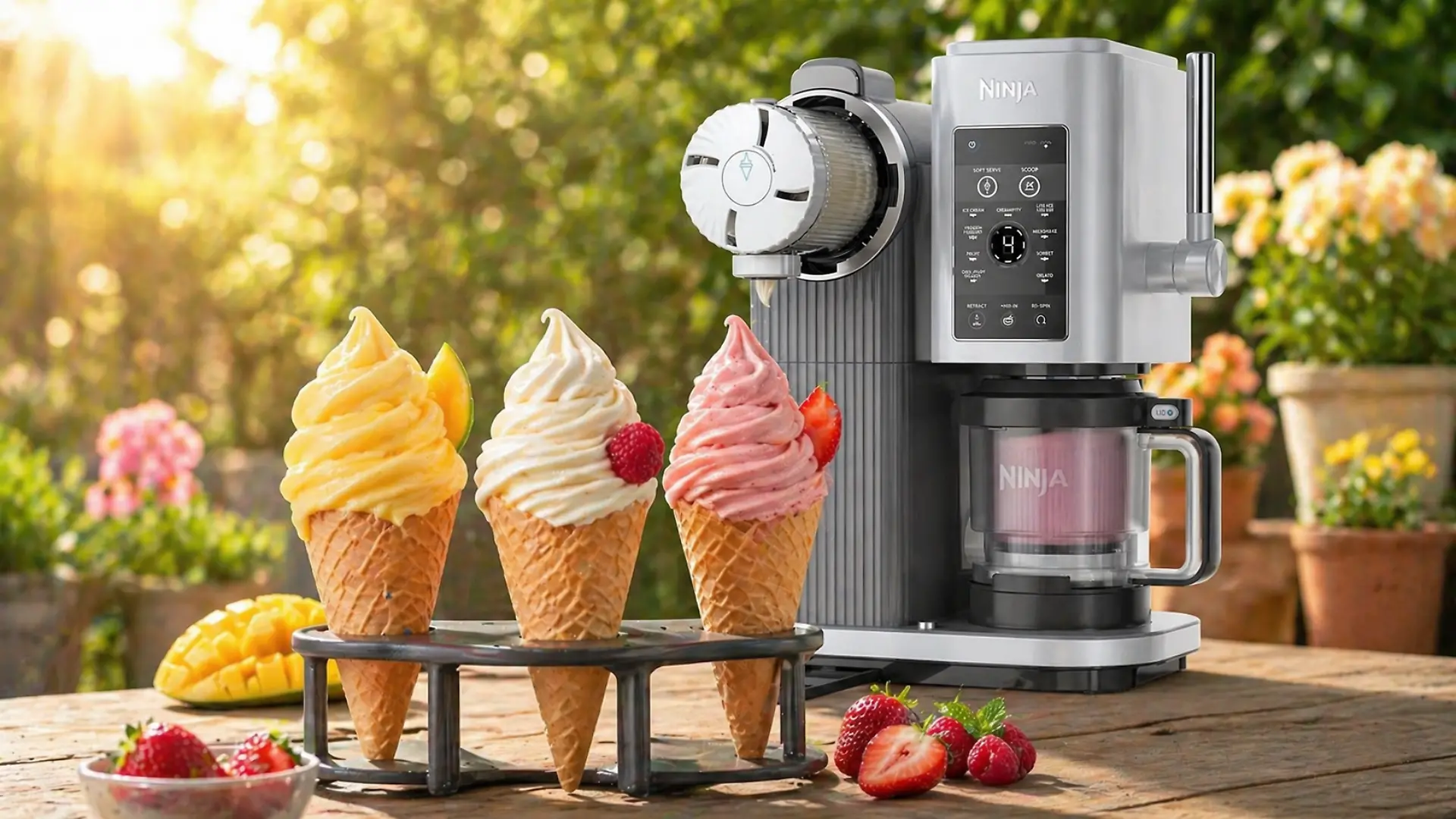 Eismaschine Ninja Creami mit drei Softeis in Waffeln, Früchten daneben auf einem Tisch und einem sommerlichen Garten im Hintergrund.