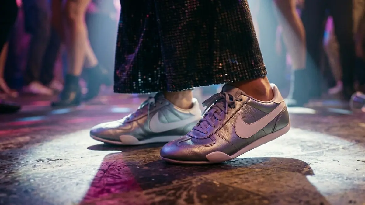 Eine Frau trägt silberne Nike-Sneaker auf einer Party-Tanzfläche im Rampenlicht.