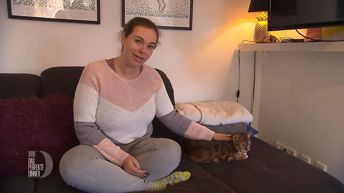 Das perfekte Dinner: Frau sitzt auf dem Sofa und streichelt eine dunkel getigerte Katze