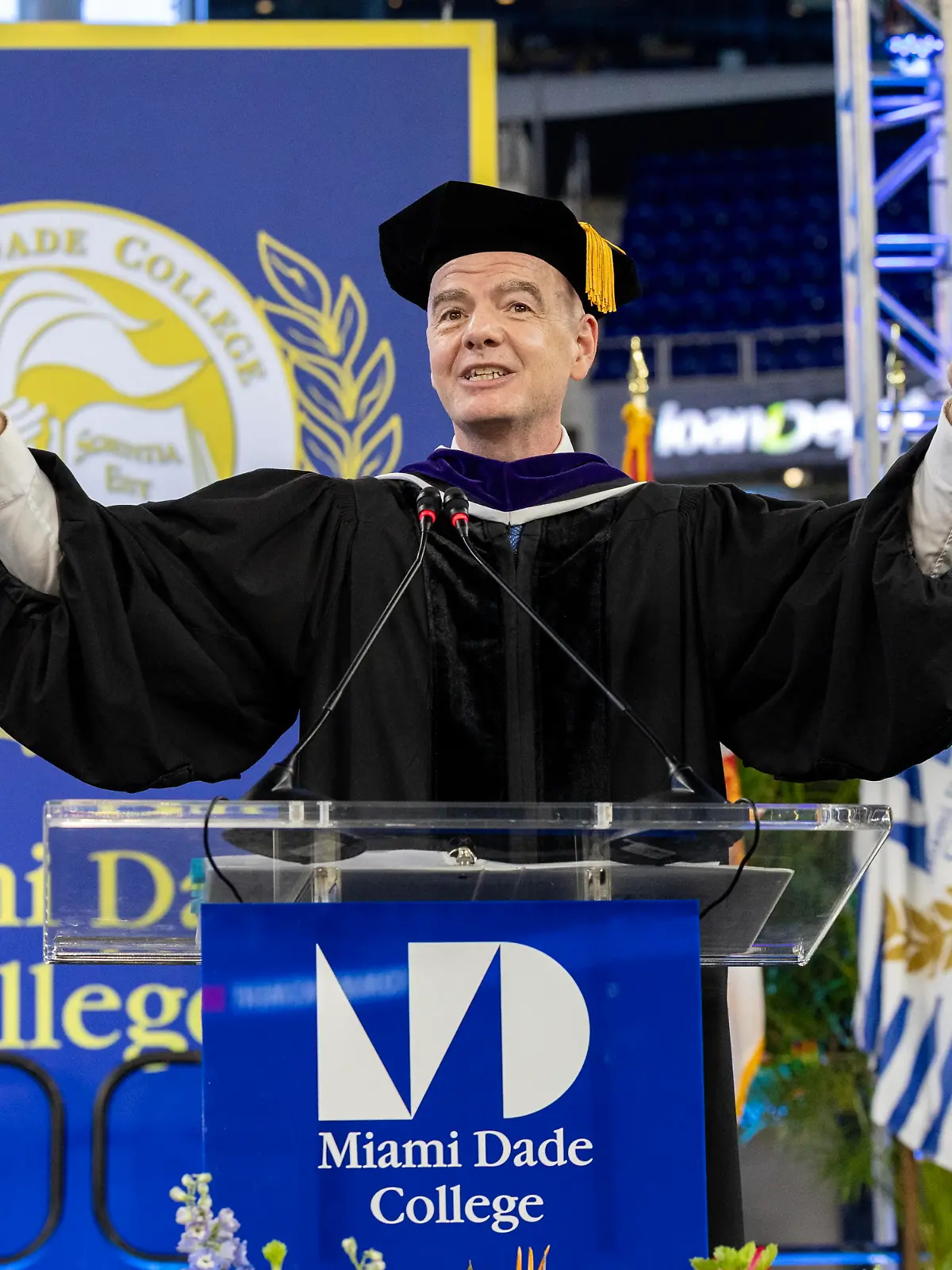 MIAMI, FL - APRIL 25: President of Federation International de Football Association Gianni Infantino as guest speaker is seen during the Miami Dade Colleges Commencement ceremony 2026 on April 25, 2026 in Miami, Florida. (Photo by Alberto E. Tamargo/Sipa USA)