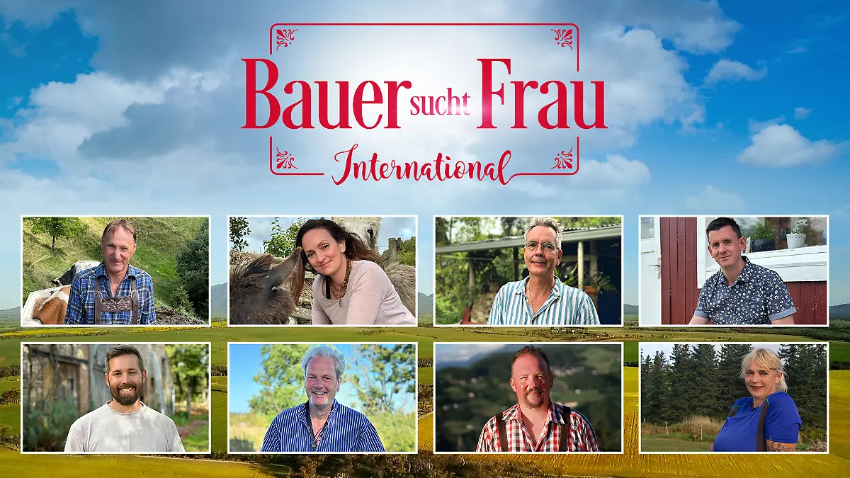 Die „Bauer sucht Frau International 2026”-Kandidaten Franz, Nadine, Mathias, Florian, Jakob, Turner, Andreas und Annette.