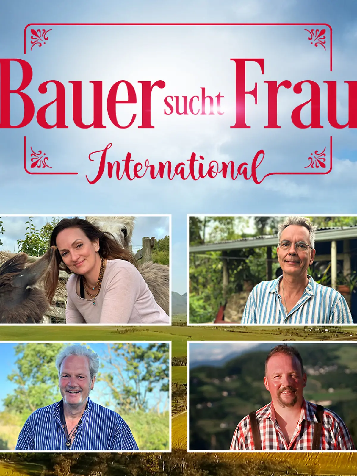 Die „Bauer sucht Frau International 2026”-Kandidaten Franz, Nadine, Mathias, Florian, Jakob, Turner, Andreas und Annette.