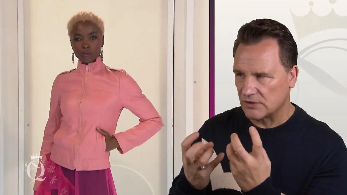 Ansicht von MJs rosa Lederjacke und Guido gestikuliert im Kommentar.