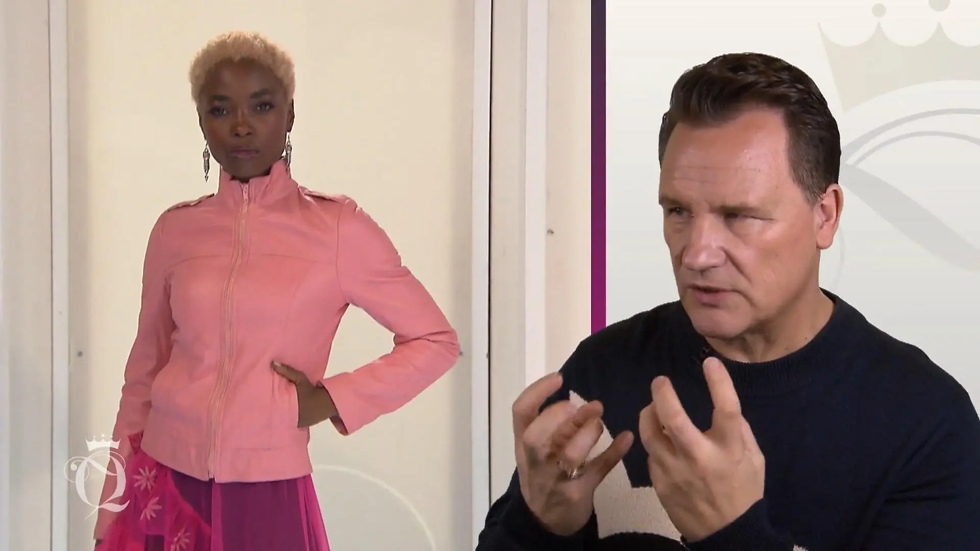 Ansicht von MJs rosa Lederjacke und Guido gestikuliert im Kommentar.