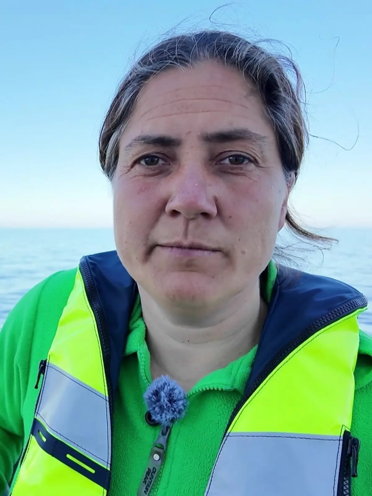 Tierärztin Anne Herrschaft schätzt Timmys Zustand von Bord der Begleitbarge ein