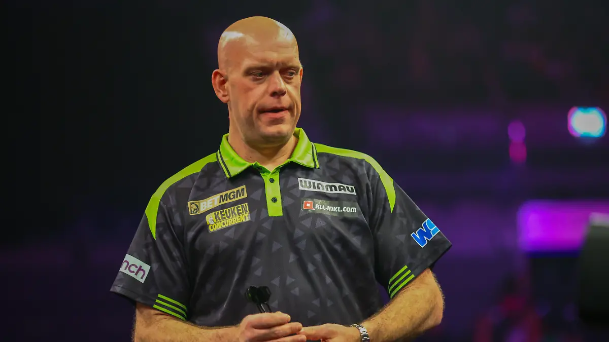23rd April 2026, M and S Bank Arena, Liverpool, England; 2026 PDC Bet MGM Premier League Darts Night Twelve; Michael van Gerwen in his semi-final match against Luke Littler
