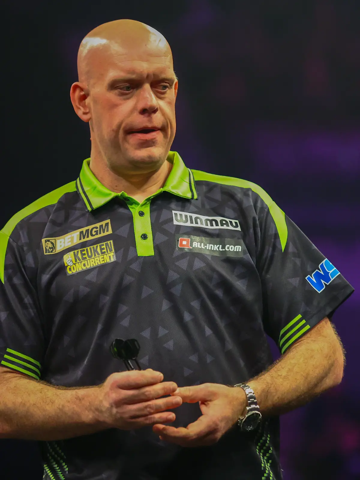 23rd April 2026, M and S Bank Arena, Liverpool, England; 2026 PDC Bet MGM Premier League Darts Night Twelve; Michael van Gerwen in his semi-final match against Luke Littler