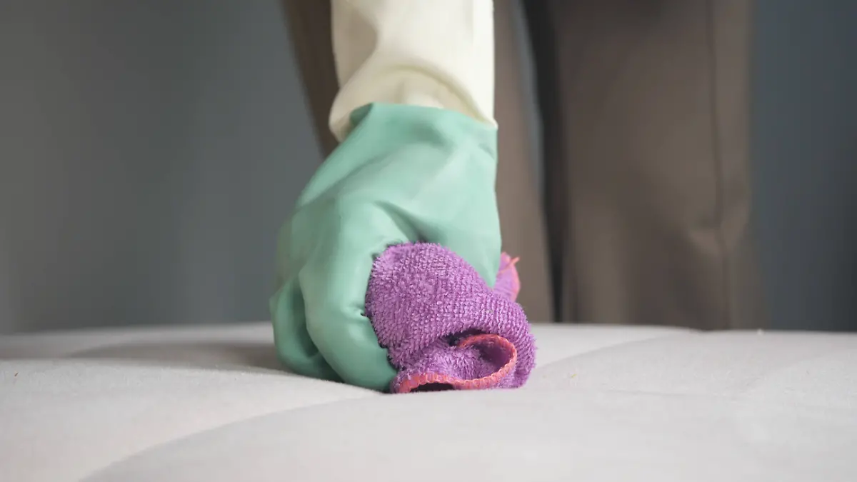 Cleaning a mattress with a cloth and rubber gloves in a bedroom A person cleans a mattress using a cloth while wearing gloves., 94659206.jpg RECORD DATE NOT STATED