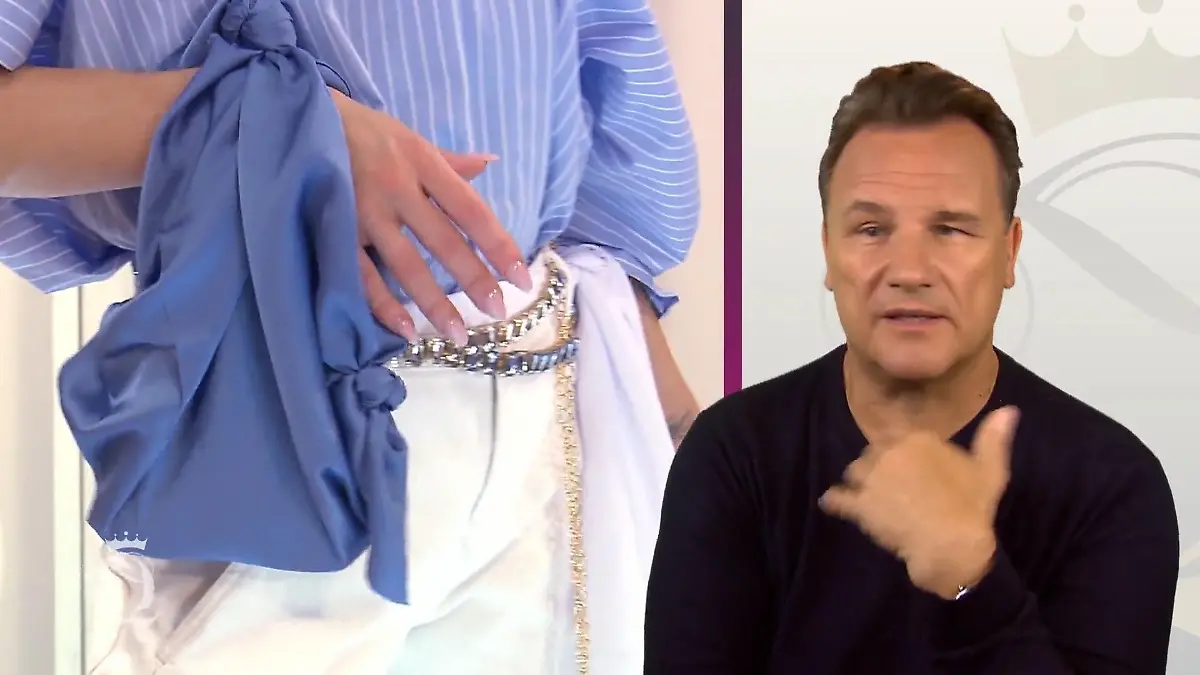 Detailaufnahme des Ketten-Gürtels und der Tuch-Tasche.