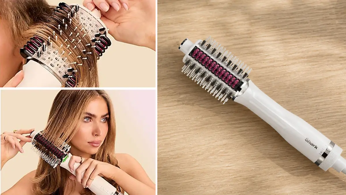Collage: Oben links eine Warmluftbürste im Haar, darunter ein Model, das sich mit der Bürste die Haare glättet, rechts ein Produktfoto.