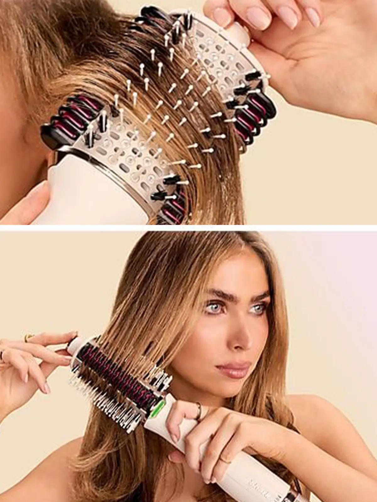 Collage: Oben links eine Warmluftbürste im Haar, darunter ein Model, das sich mit der Bürste die Haare glättet, rechts ein Produktfoto.