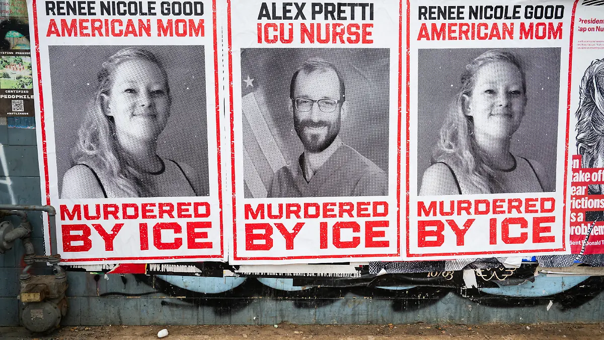 Posters of Alex Pretti and Renee Good, both shot and killed by ICE agents, are pasted onto a wall in the Union Market area of Washington, D.C. on Friday, February 6, 2026. (Photo by Annabelle Gordon/Sipa USA)