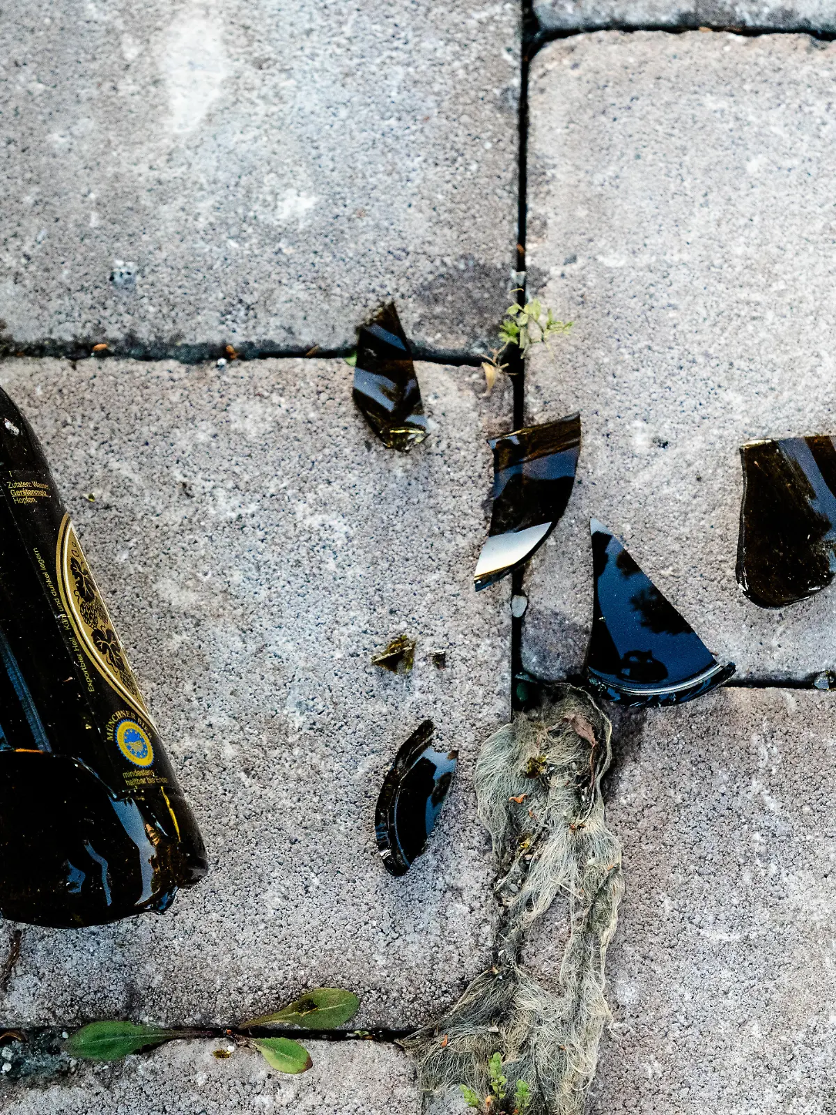 Zerbrochene Bierflasche auf Pflastersteinen, zurückgelassen. Symbolbild Alkoholmissbrauch, Verwahrlosung und Gefahren durch Scherben im öffentlichen Raum