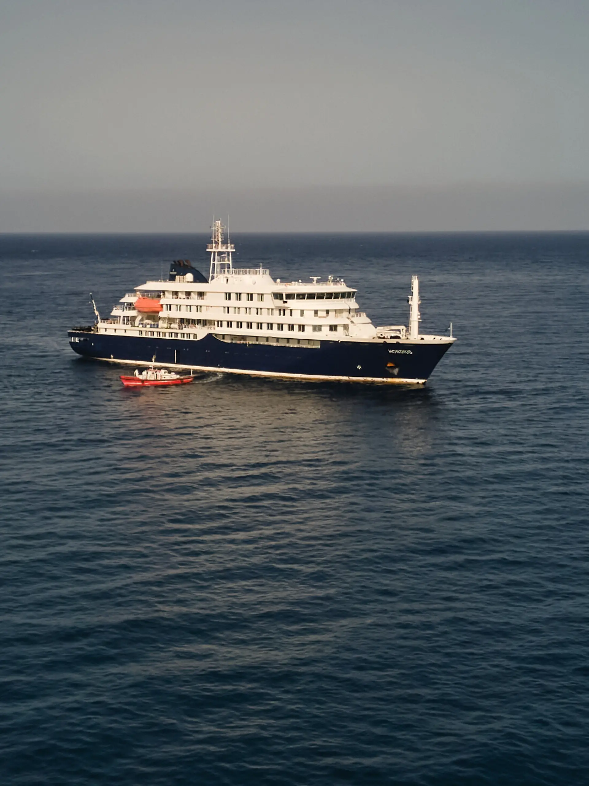 Luftaufnahme des niederländischen Kreuzfahrtschiffs MV Hondius, das im Atlantik vor den Kapverden vor Anker liegt. Nach einem ungewöhnlichen Ausbruch des Hantavirus auf dem kleinen Kreuzfahrtschiff im Atlantik sind laut Weltgesundheitsorganisation (WHO) drei Menschen mutmaßlich nach einer Infektion gestorben. +++ dpa-Bildfunk +++