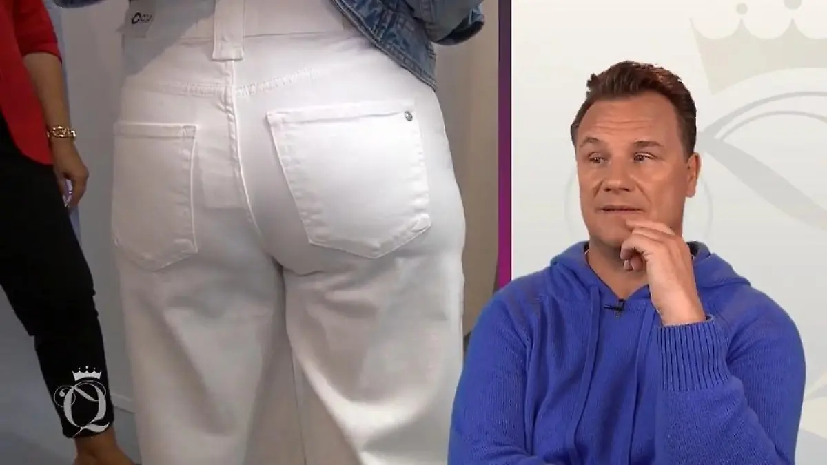 Shopping Queen: Bildmontage: Links Kandidatin in gut sitzender weißer Jeans von hinten, rechts Guido Maria Kretschmer mit verständnislosem Blick