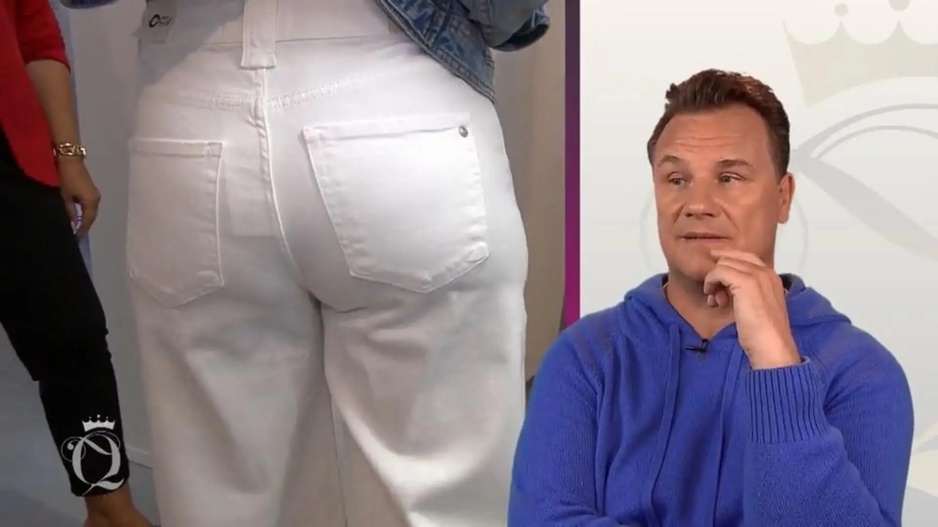 Shopping Queen: Bildmontage: Links Kandidatin in gut sitzender weißer Jeans von hinten, rechts Guido Maria Kretschmer mit verständnislosem Blick