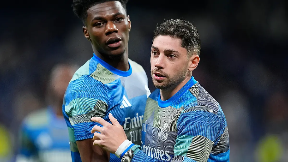 Aurelien Tchouameni (Real Madrid CF) and Federico Valverde (Real Madrid CF) looks on during the LaLiga EA Sports match between Real Madrid v Elche CF at Santiago Bernabéu on March 14, 2026 in Madrid, Spain. (Photo by Manu Reino/DeFodi Images)