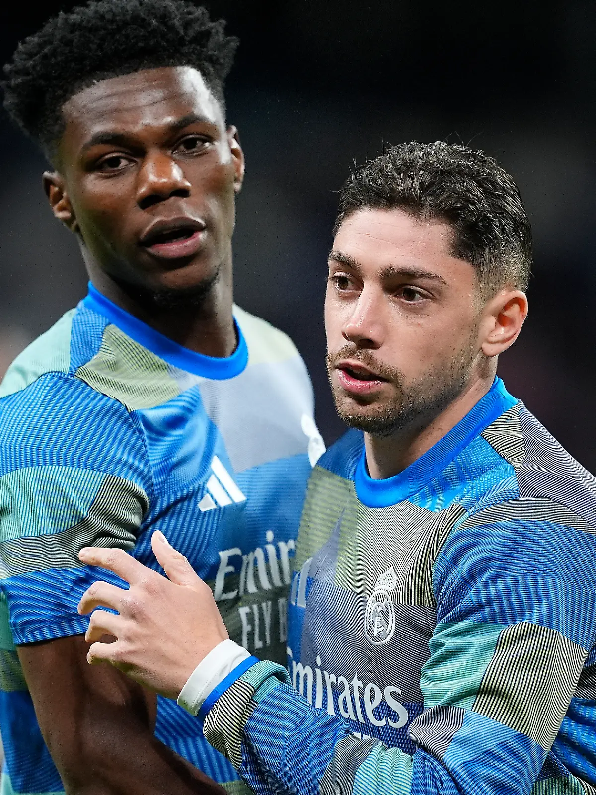 Aurelien Tchouameni (Real Madrid CF) and Federico Valverde (Real Madrid CF) looks on during the LaLiga EA Sports match between Real Madrid v Elche CF at Santiago Bernabéu on March 14, 2026 in Madrid, Spain. (Photo by Manu Reino/DeFodi Images)