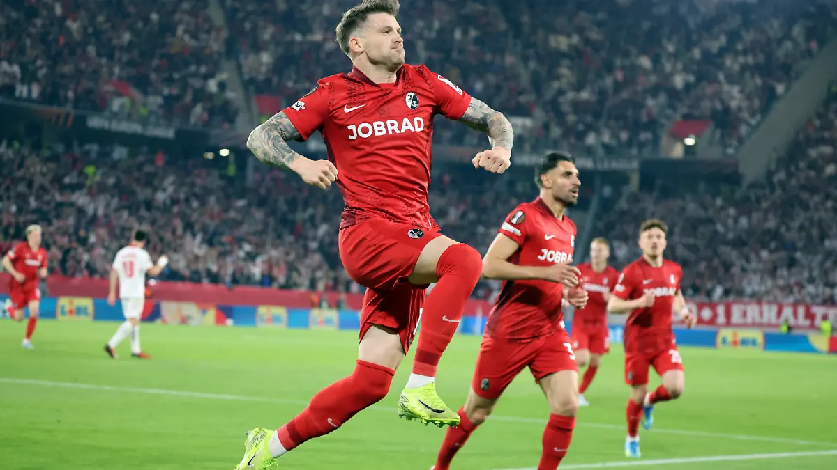 Deutschland, Freiburg, 07.05.2026, Fussball, Europa League, Saison 2025/2026, Halbfinale, SC Freiburg - SC Braga: Lukas Kübler (SC Freiburg); Jubel Tor 1:0 Kübler. Foto: Pressefoto Rudel/Robin Rudel