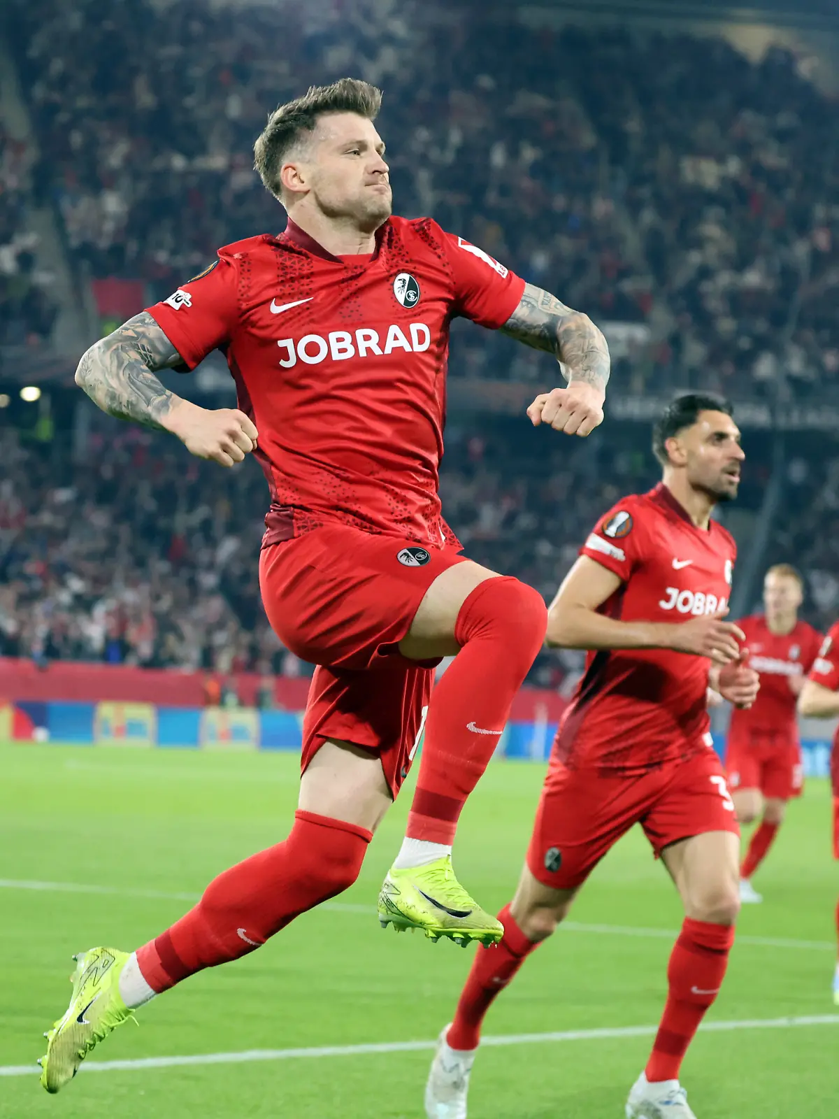 Deutschland, Freiburg, 07.05.2026, Fussball, Europa League, Saison 2025/2026, Halbfinale, SC Freiburg - SC Braga: Lukas Kübler (SC Freiburg); Jubel Tor 1:0 Kübler. Foto: Pressefoto Rudel/Robin Rudel