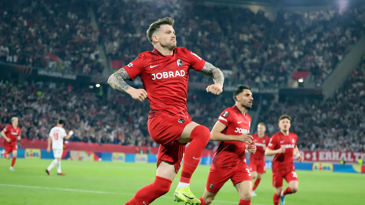 Deutschland, Freiburg, 07.05.2026, Fussball, Europa League, Saison 2025/2026, Halbfinale, SC Freiburg - SC Braga: Lukas Kübler (SC Freiburg); Jubel Tor 1:0 Kübler. Foto: Pressefoto Rudel/Robin Rudel