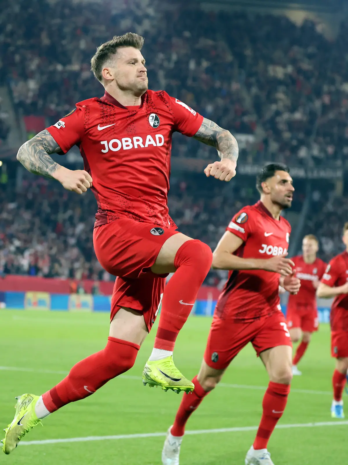 Deutschland, Freiburg, 07.05.2026, Fussball, Europa League, Saison 2025/2026, Halbfinale, SC Freiburg - SC Braga: Lukas Kübler (SC Freiburg); Jubel Tor 1:0 Kübler. Foto: Pressefoto Rudel/Robin Rudel