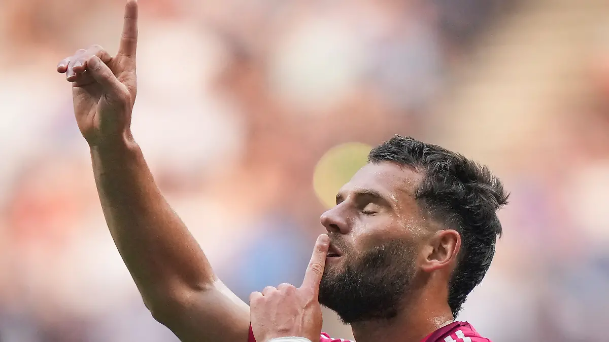 St. Louis City's Eduard Lowen celebrates his goal against the Vancouver Whitecaps during the first half of an MLS soccer match, in Vancouver, on Saturday, August 23, 2025. (Darryl Dyck/The Canadian Press via AP)