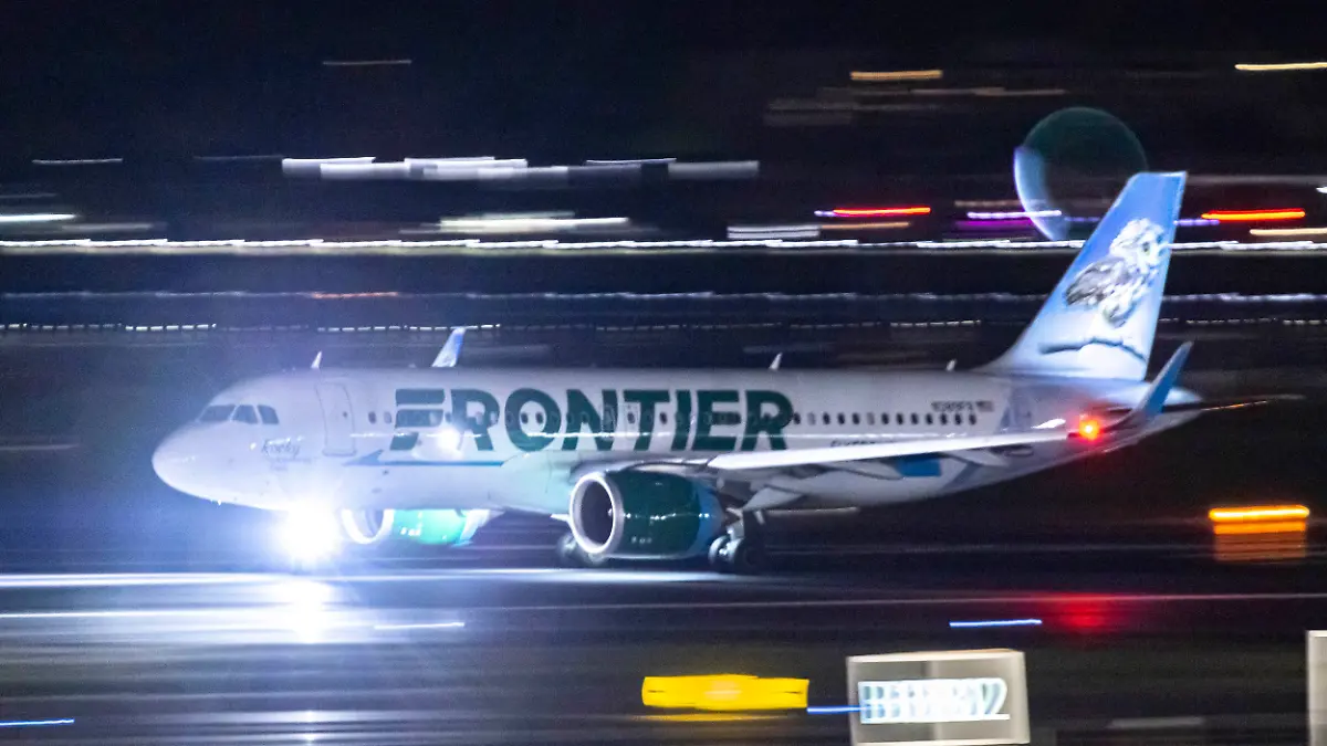 Frontier Airlines Airbus A320neo passenger aircraft spotted on accelerating on the runway for take off at Ronald Reagan Washington National Airport DCA in Virginia, serving Washington DC. The departing Airbus A320 NEO airplane of the Ultra Low Cost Airline spotted during the night, has the registration tail number N389FR, the name Rocky the Saw-Whet Owl and is powered by 2x jet engines CFMI LEAP-1A26. The American budget carrier has headquarters in Denver, Colorado, operating 120 destinations in the United States, Caribbean, Mexico and Central America with a fleet of 150 planes. Crystal City, Virginia, United States of America on November 9, 2024 (Photo by Nicolas Economou/NurPhoto)