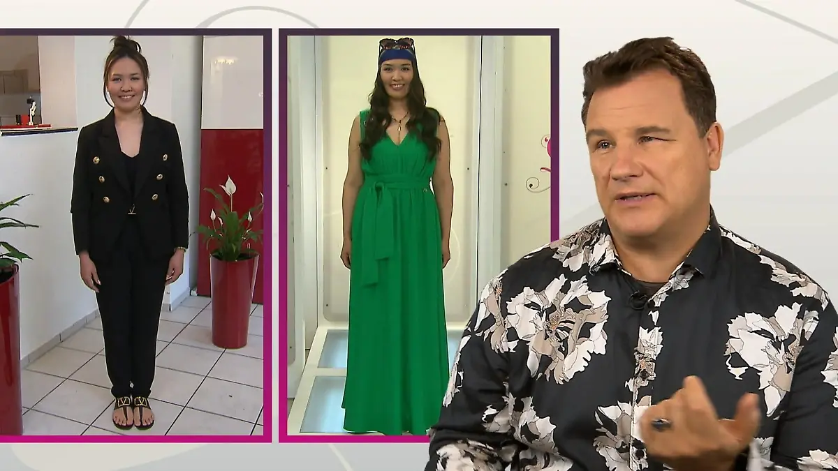 Nomin links in einem geradlinigen Outfit ganz in Schwarz, die Haare hochgesteckt. Rechts im sommerlichen Maxikleid. 