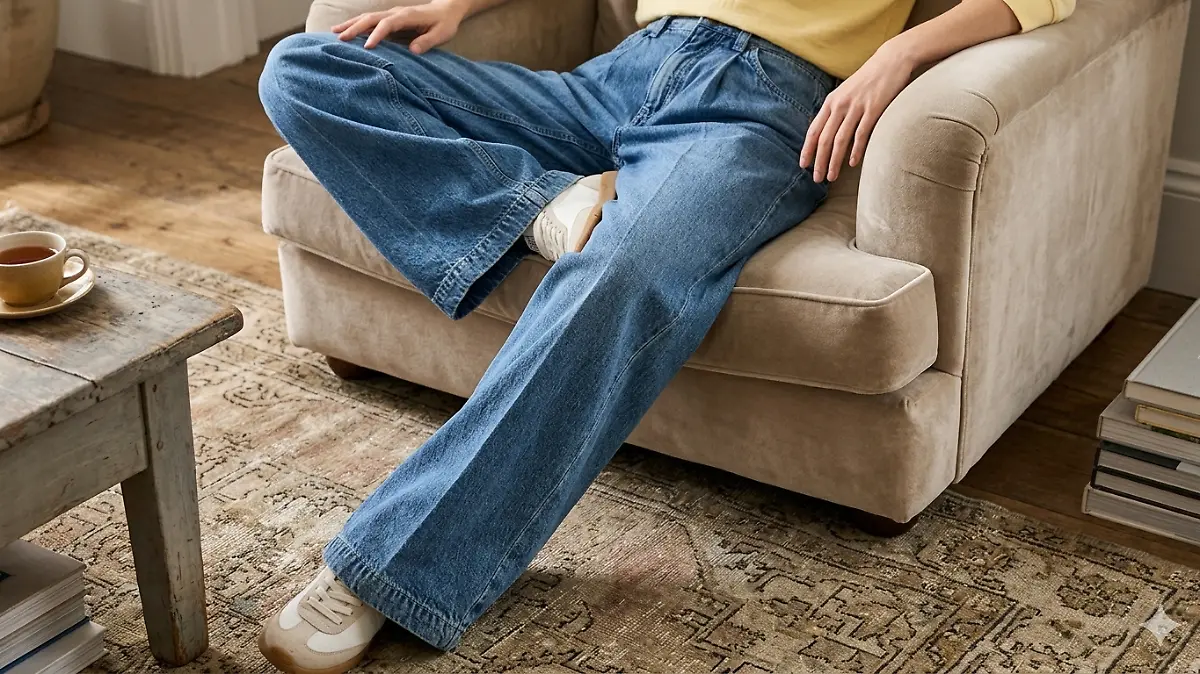 Eine Frau trägt eine Jeans von Bonprix und sitzt entspannt auf einem Sessel im Wohnzimmer.