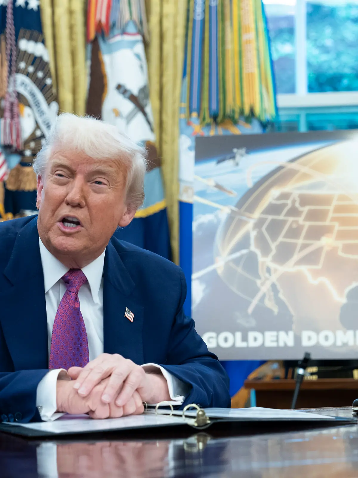 United States President Donald J Trump, accompanied by US Secretary of Defense Pete Hegseth, announces he has selected the path forward for his ambitious Golden Dome missile defense shield, in the Oval Office of the White House in Washington, DC, US, on Tuesday, May 20, 2025. Credit: Chris Kleponis / Pool via CNP/AdMedia