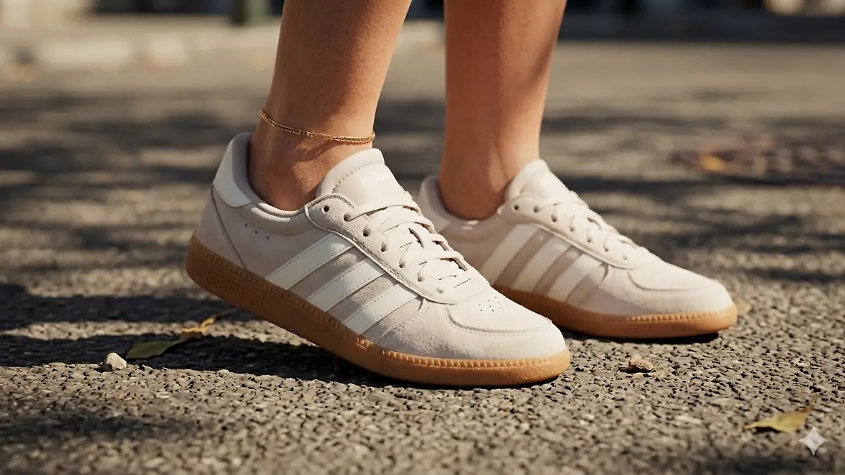 Eine Frau trägt die Breaknet Sleek Sneaker von Adidas an einem sommerlichen Tag auf der Straße.