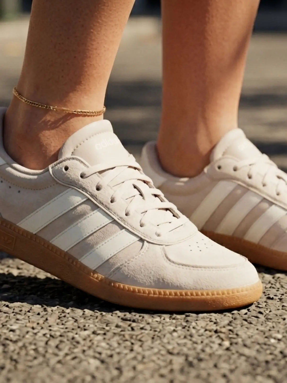 Eine Frau trägt die Breaknet Sleek Sneaker von Adidas an einem sommerlichen Tag auf der Straße.