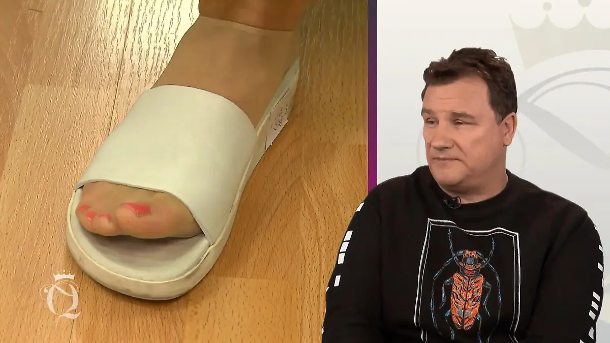 Shopping Queen: Bildmontage: Links ein Damenfuß in einer weißen Badeschlappe, rechts Guido Maria Kretschmer mit skeptischem Gesichtsausdruck