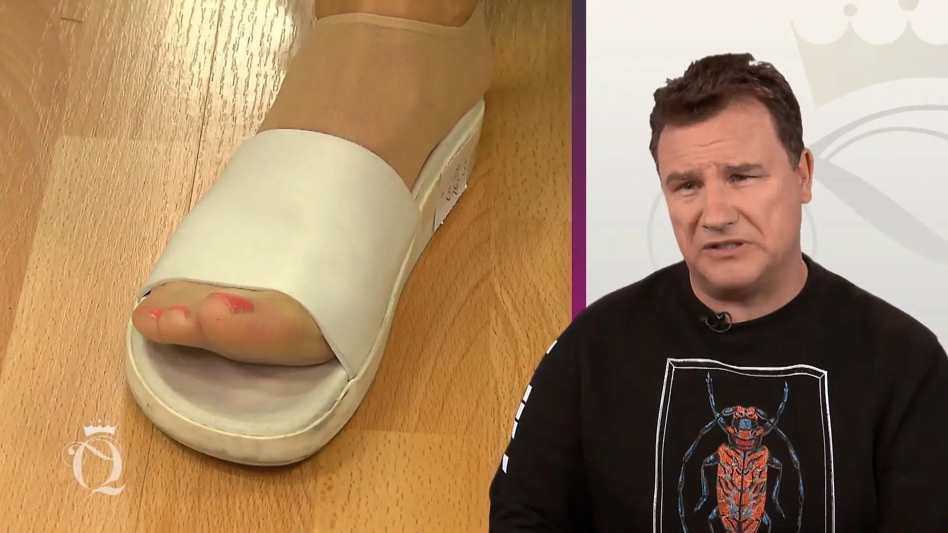 Shopping Queen: Bildmontage: Links ein Damenfuß in einer weißen Badeschlappe, rechts Guido Maria Kretschmer mit skeptischem Gesichtsausdruck
