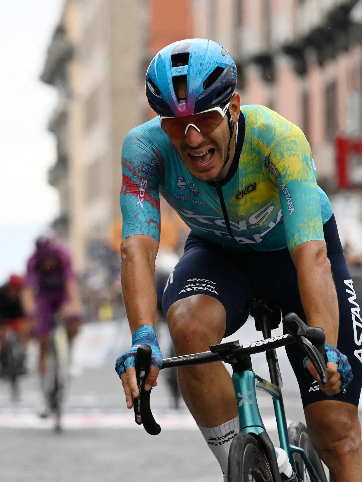 Cycling - Giro d'Italia - Stage 6 - Paestum to Napoli - Italy - May 14, 2026 XDS Astana Team's Davide Ballerini celebrates winning stage 6 REUTERS/Jennifer Lorenzini