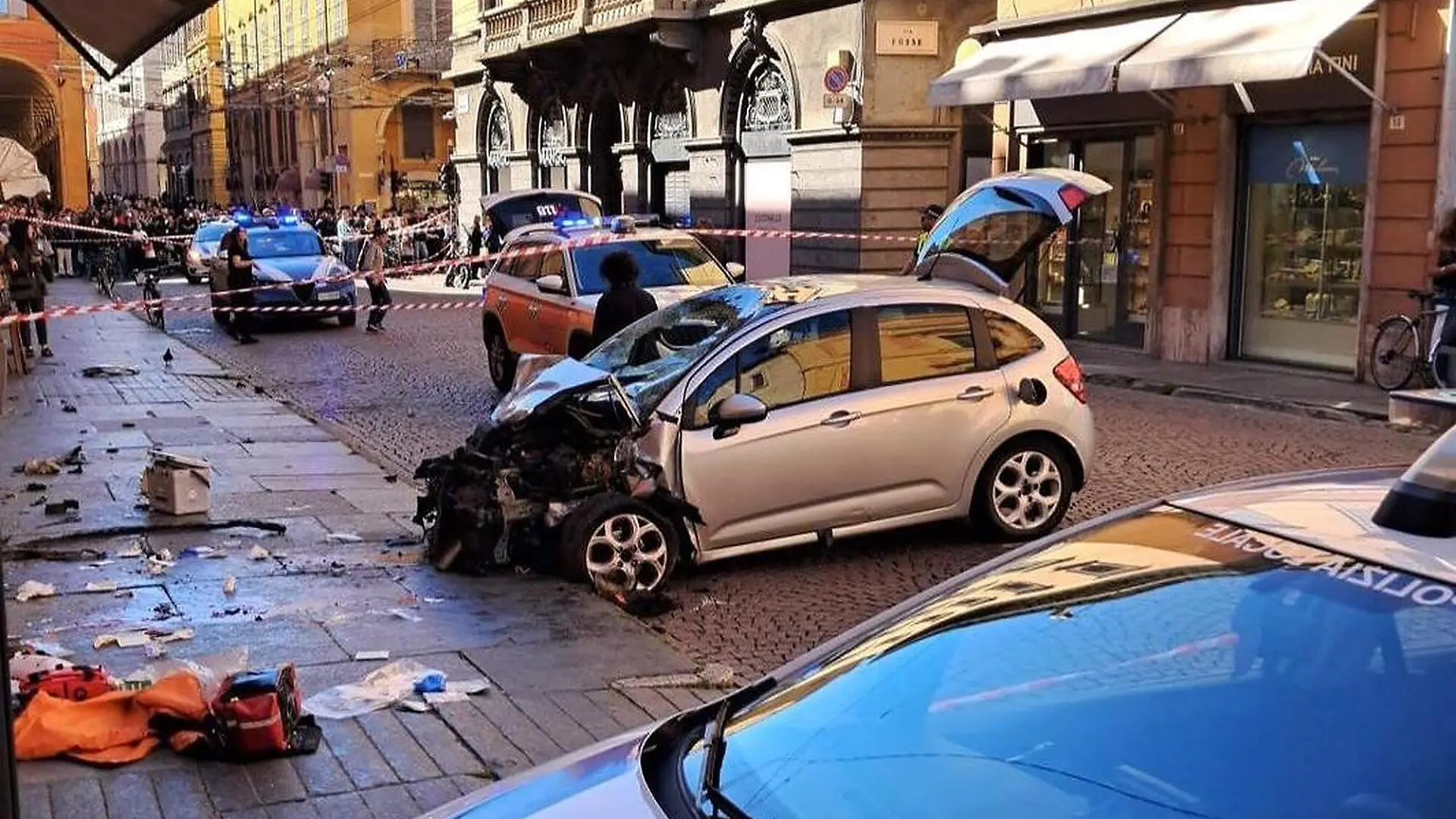 Italy, Modena - May 16, 2026 A car drove at high speed into pedestrians in central Modenainjuring around ten people - 4 of them seriously- before crashing into a shop window. The driver fled the vehicle and stabbed a bystander who tried to stop him before being arrested