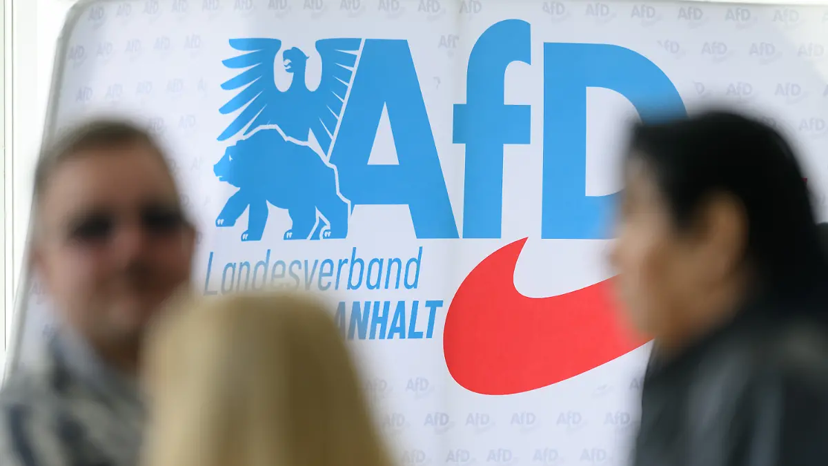 Teilnehmer des Landesparteitages der AfD Sachsen-Anhalt in Magdeburg unterhalten sich vor einer Wand mit dem Parteilogo. Die Delegierten des Landesparteitages wollen das Regierungsprogramm zur Landtagswahl 2026 final erarbeiten und beschließen. (zu dpa: «AfD in Sachsen-Anhalt laut Regierung besonders geschlossen») +++ dpa-Bildfunk +++