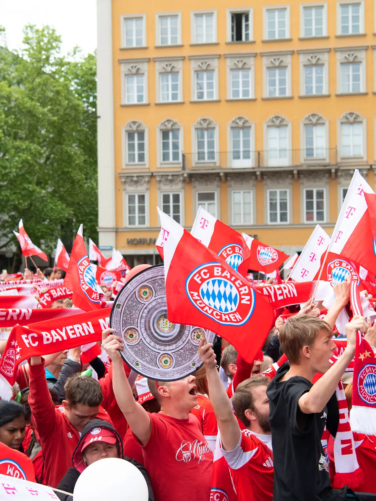 17.05.2026, Fussball Bundesliga 2025/2026, Meisterfeier des FC Bayern München auf dem Rathausbalkon in München. Bayernfans am Marienplatz *** 17 05 2026, Football Bundesliga 2025 2026, FC Bayern Munich championship celebration on the Rathausbalkon in Munich Bayern fans at Marienplatz
